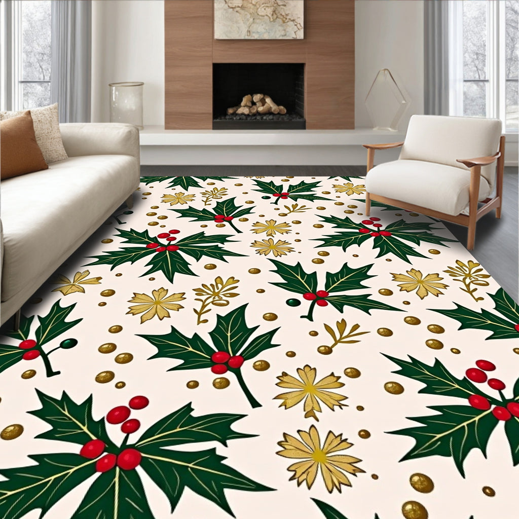 Emerald Holly Berry Red Gold Floral Rug