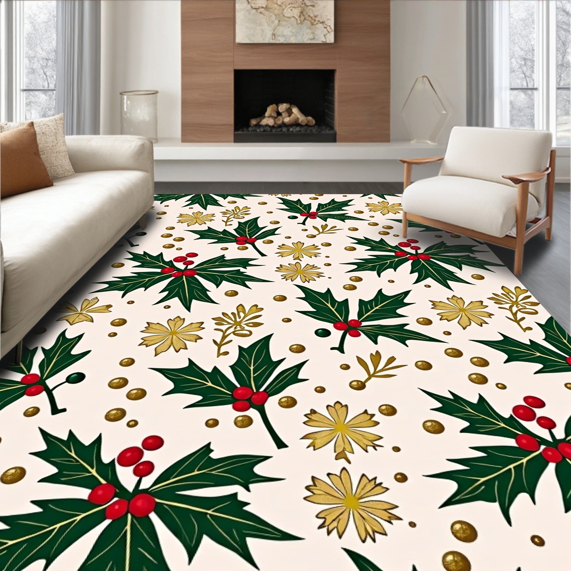 Emerald Holly Berry Red Gold Floral Rug