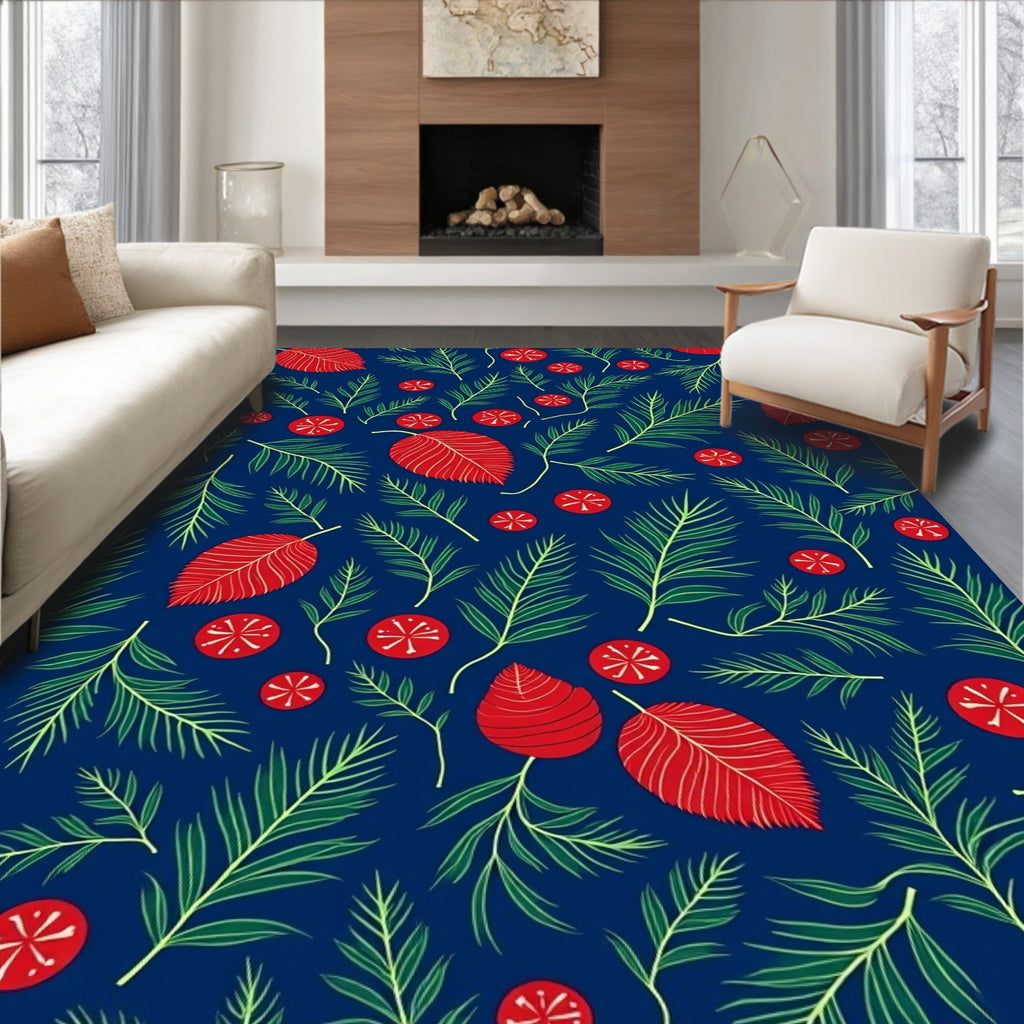 Red Leaf Green Sprig Navy Background Rug
