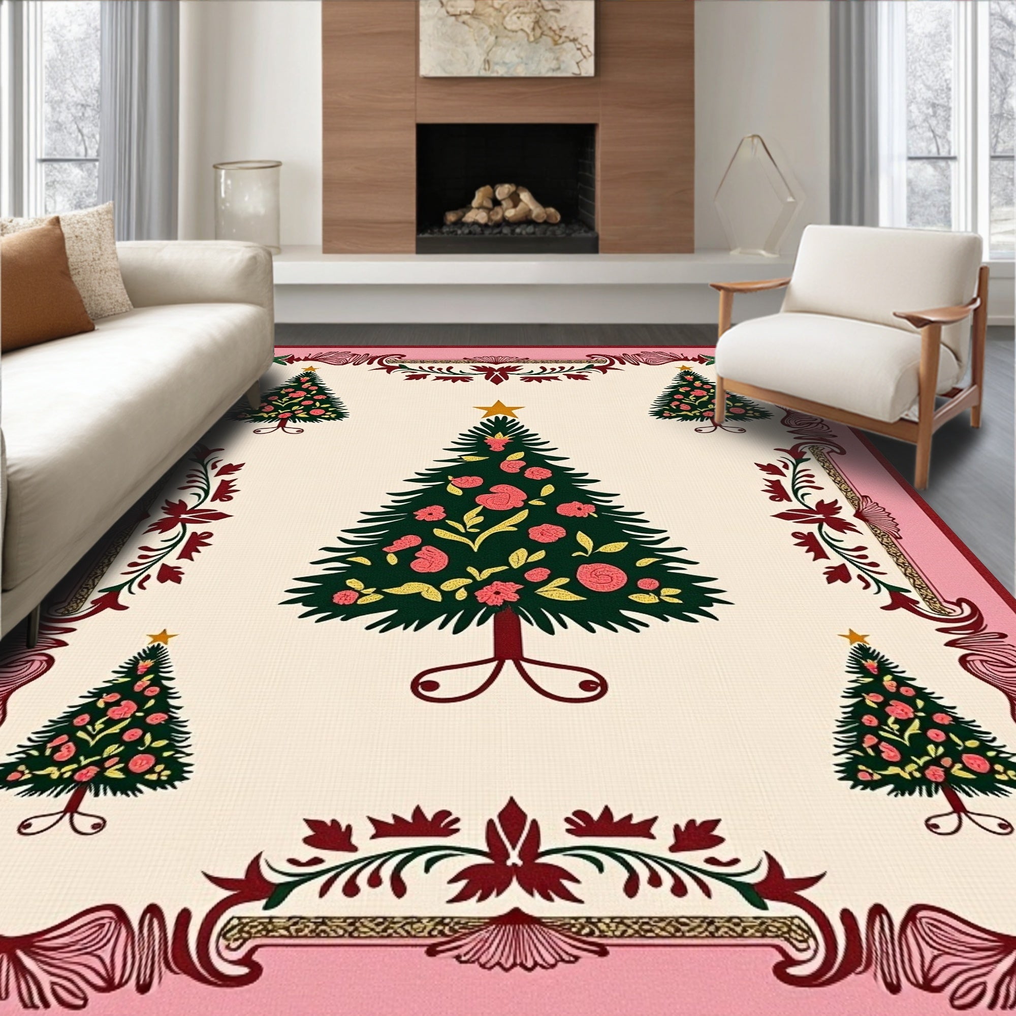 Festive Pine Trees Floral Border Rug