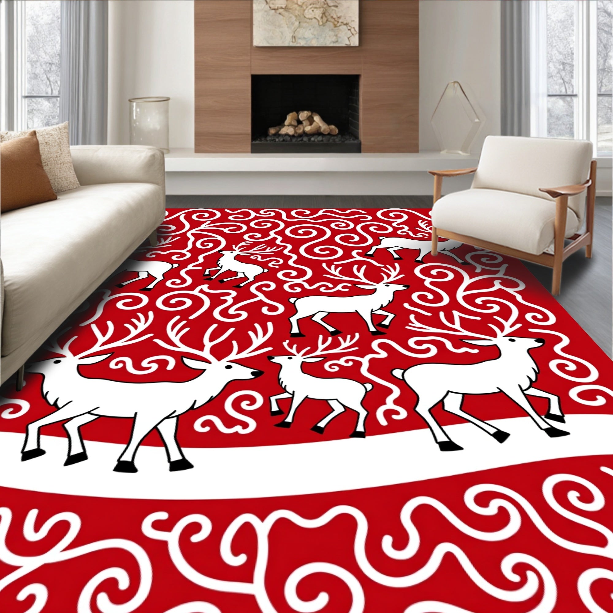 Classic Red White Deer Spirals Rug