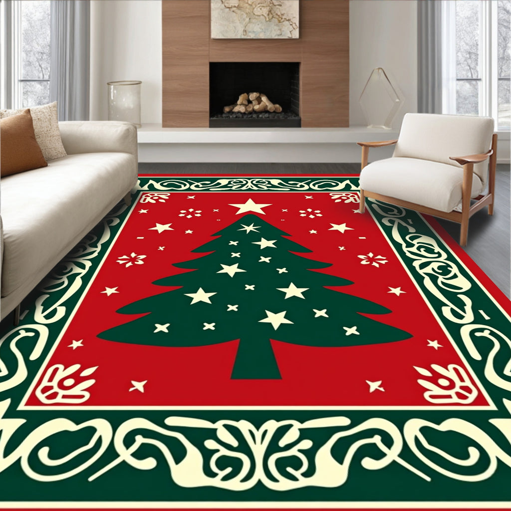 Festive Green Christmas Tree Red Snowflakes Rug