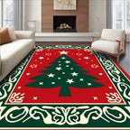 Festive Green Christmas Tree Red Snowflakes Rug