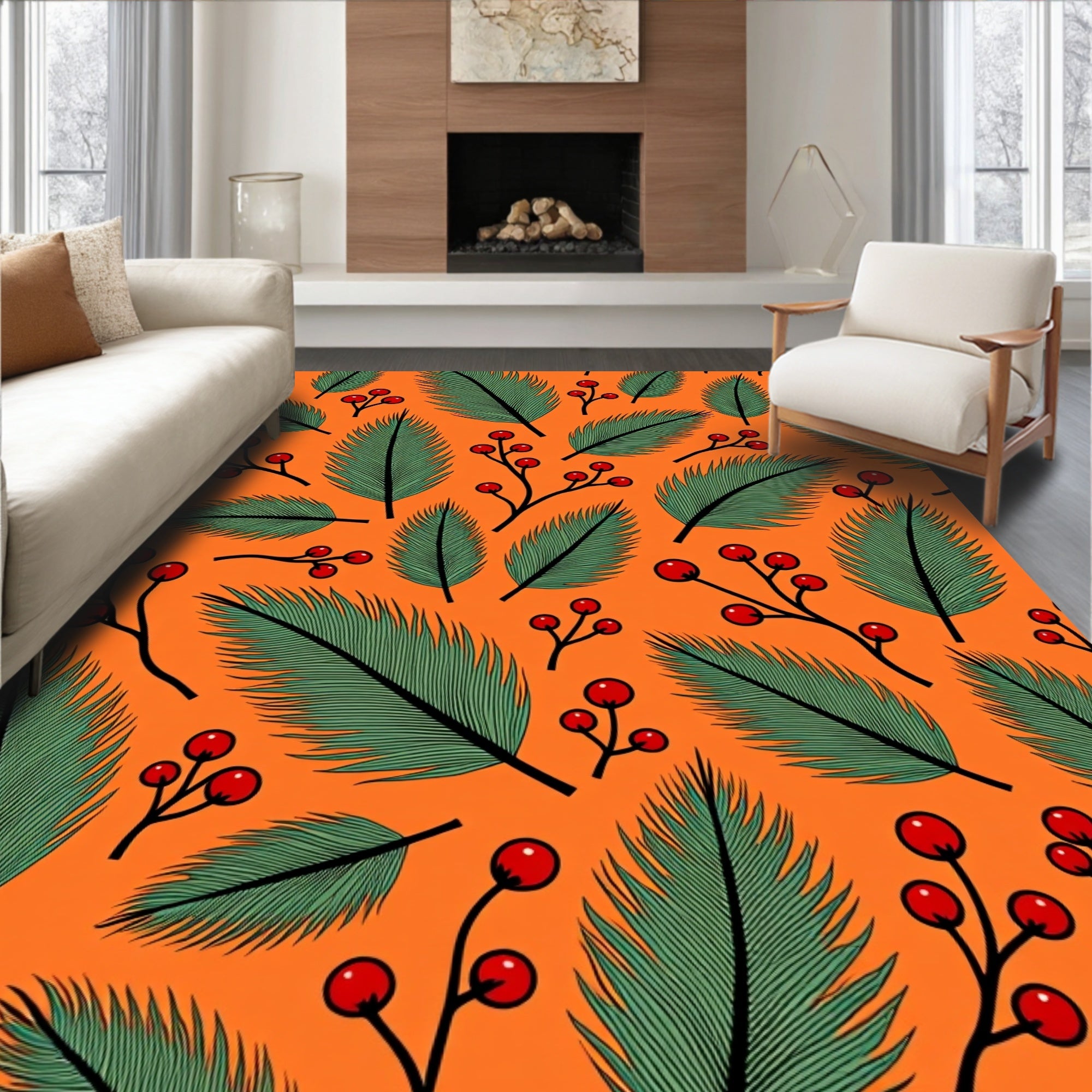 Festive Green Fir Berry Orange Rug