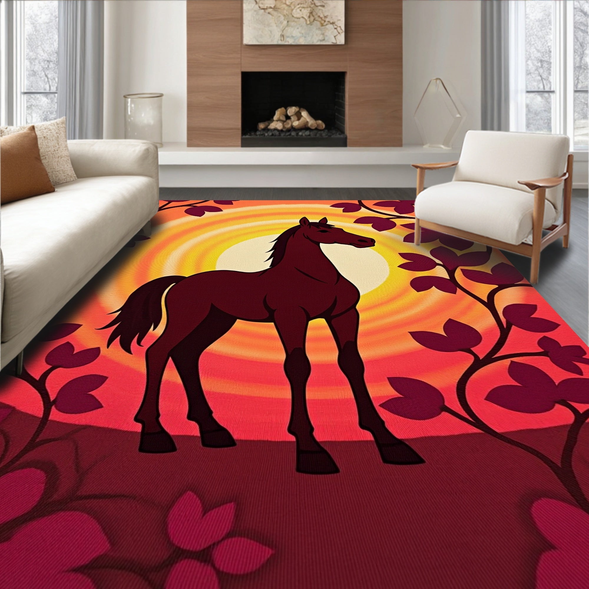 Crimson Horse Amidst Sunlit Foliage Rug