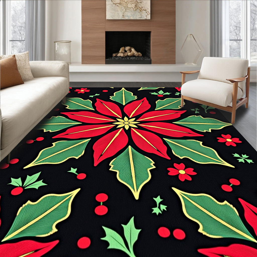 Red Green Poinsettia Holly Medallion Rug