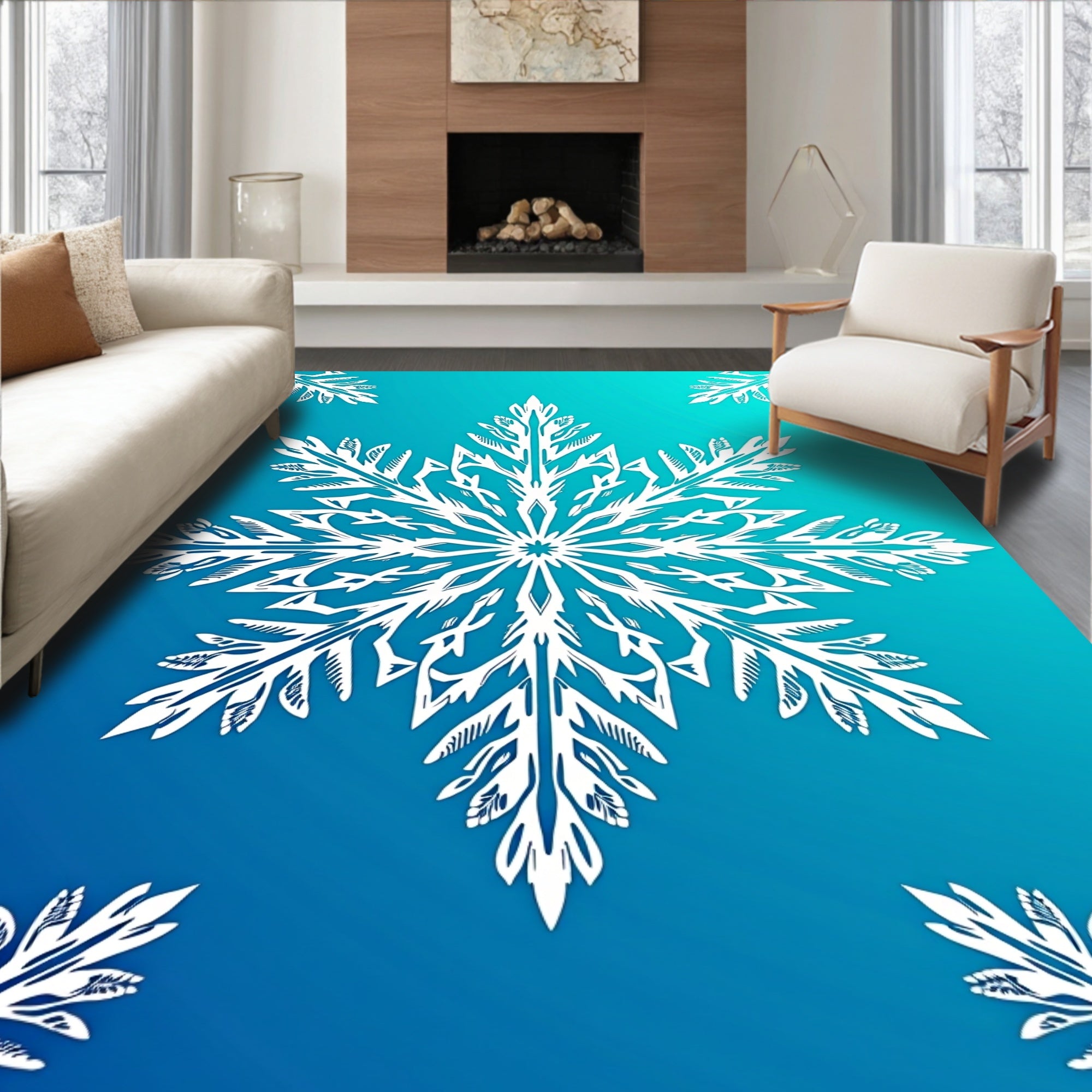 White Snowflake Blue Gradient Rug