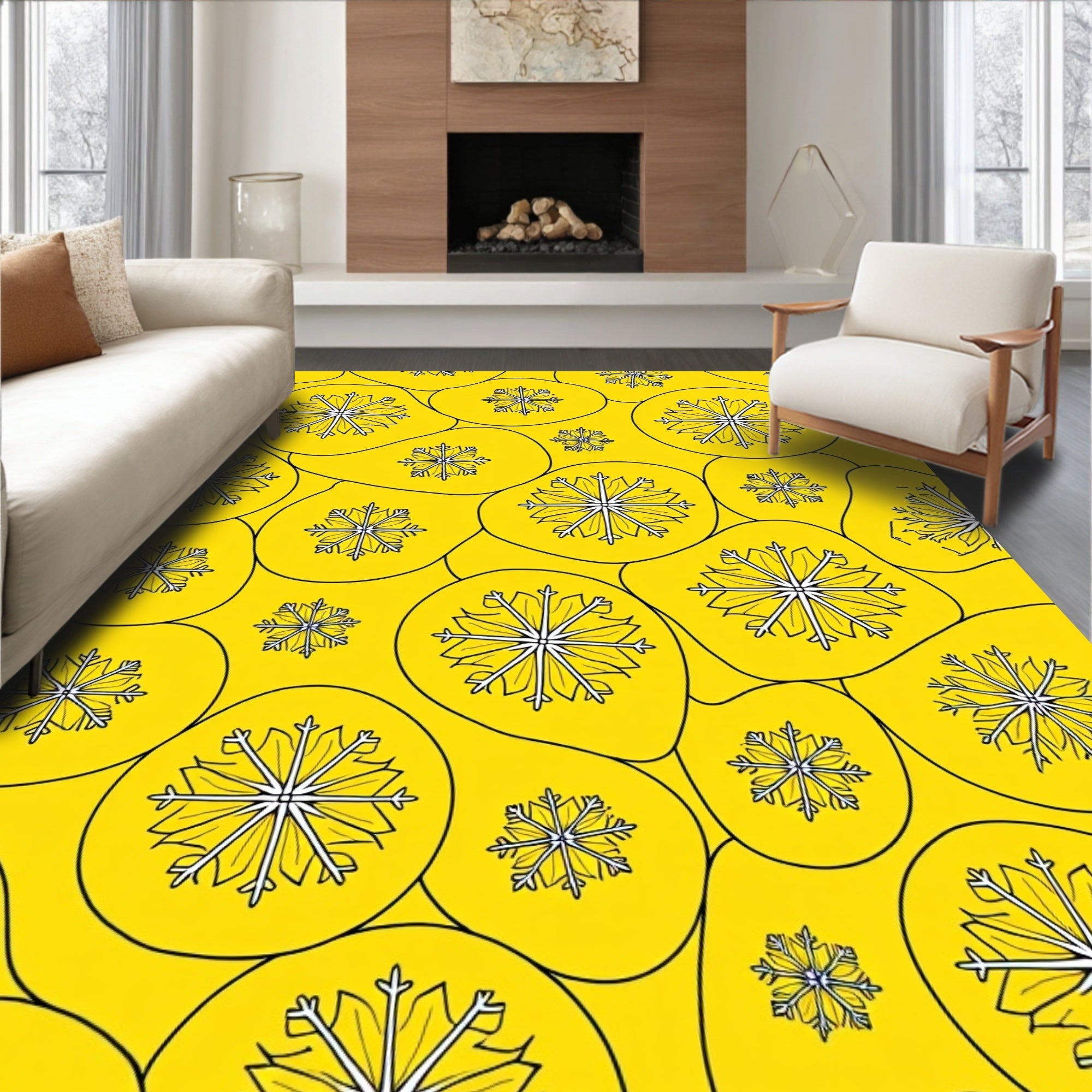 Vibrant Yellow Snowflake Burst Rug