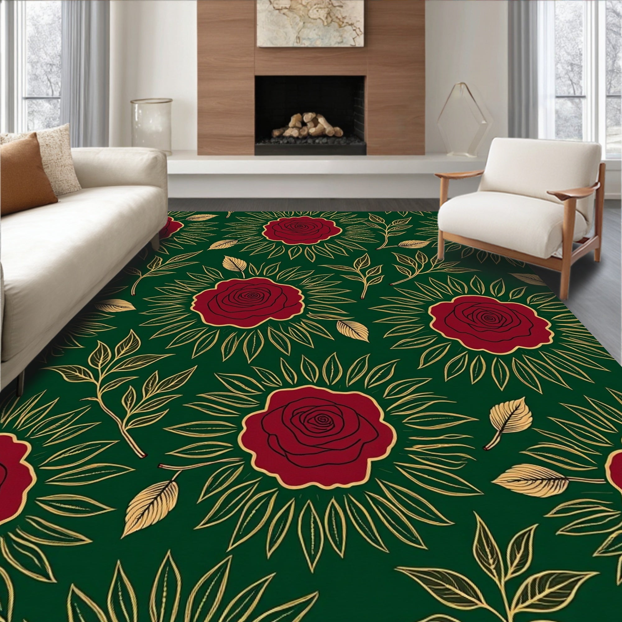 Deep Emerald Red Golden Rose Garden Rug
