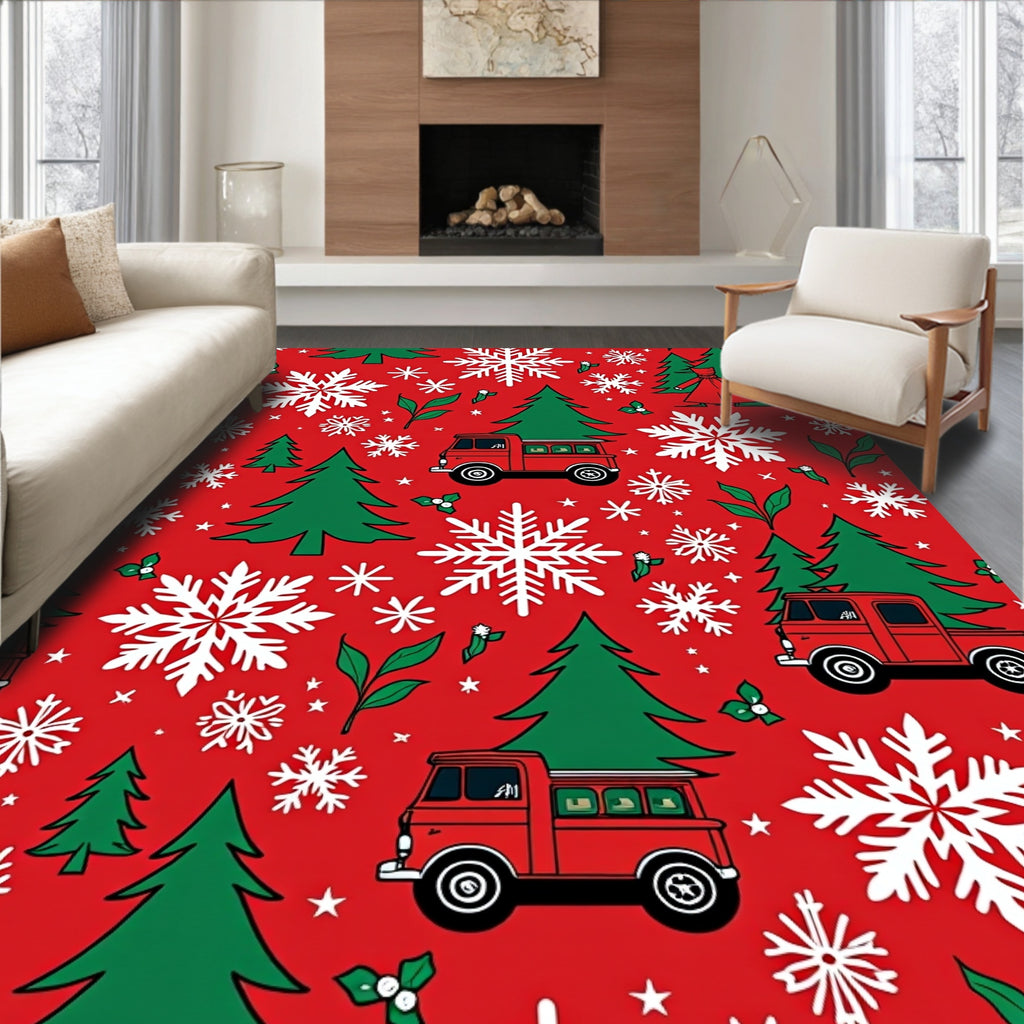 Red White Snowflake Truck Christmas Trees Rug