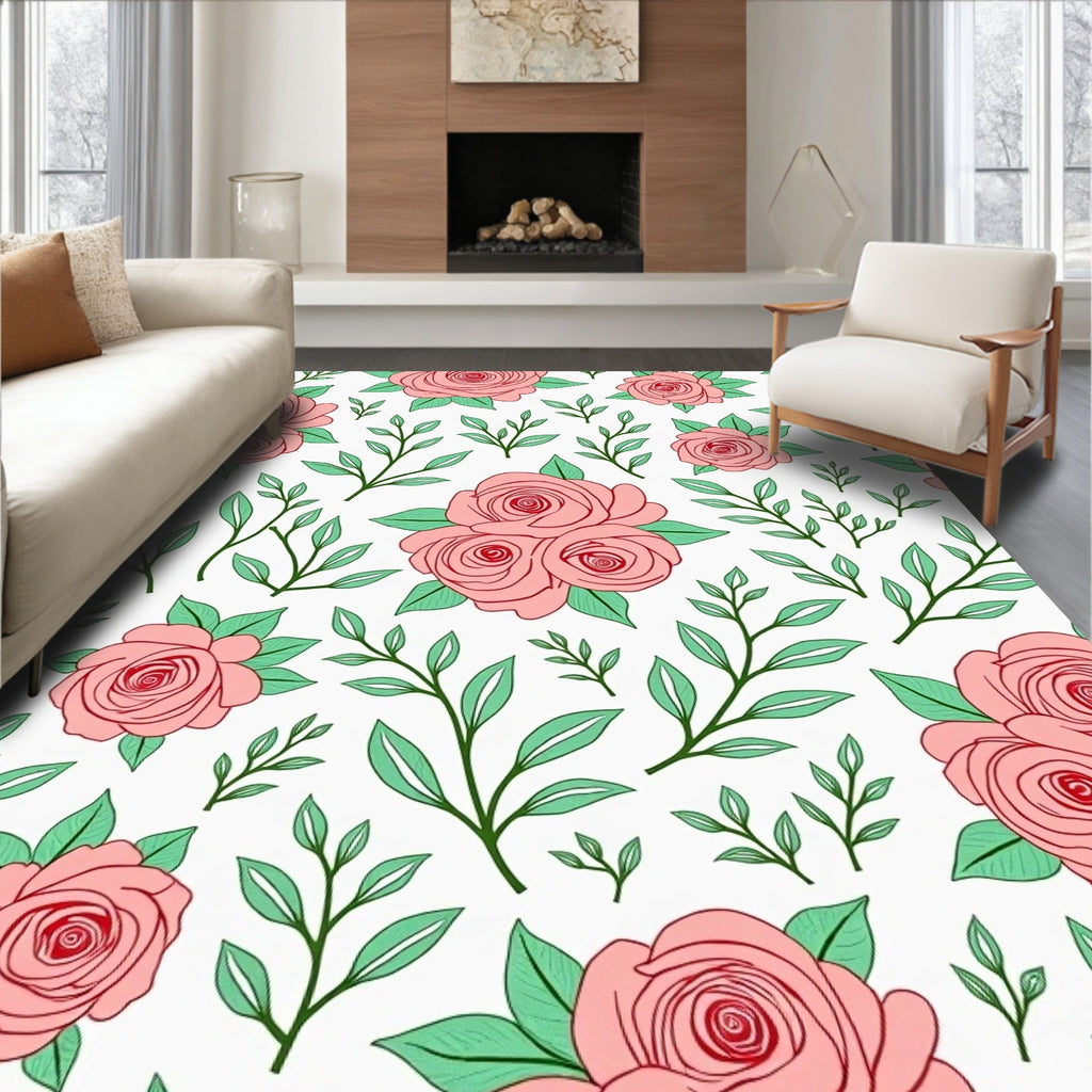 Coral Pink Roses and Leaves Rug
