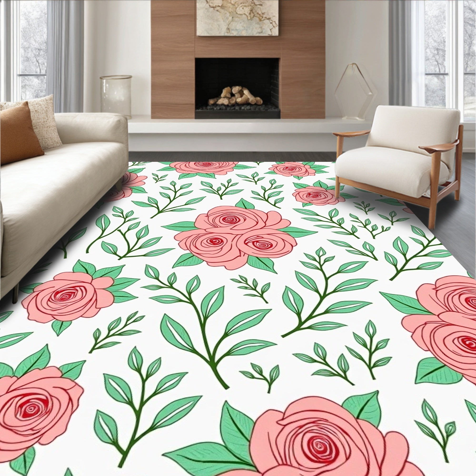 Coral Pink Roses and Leaves Rug