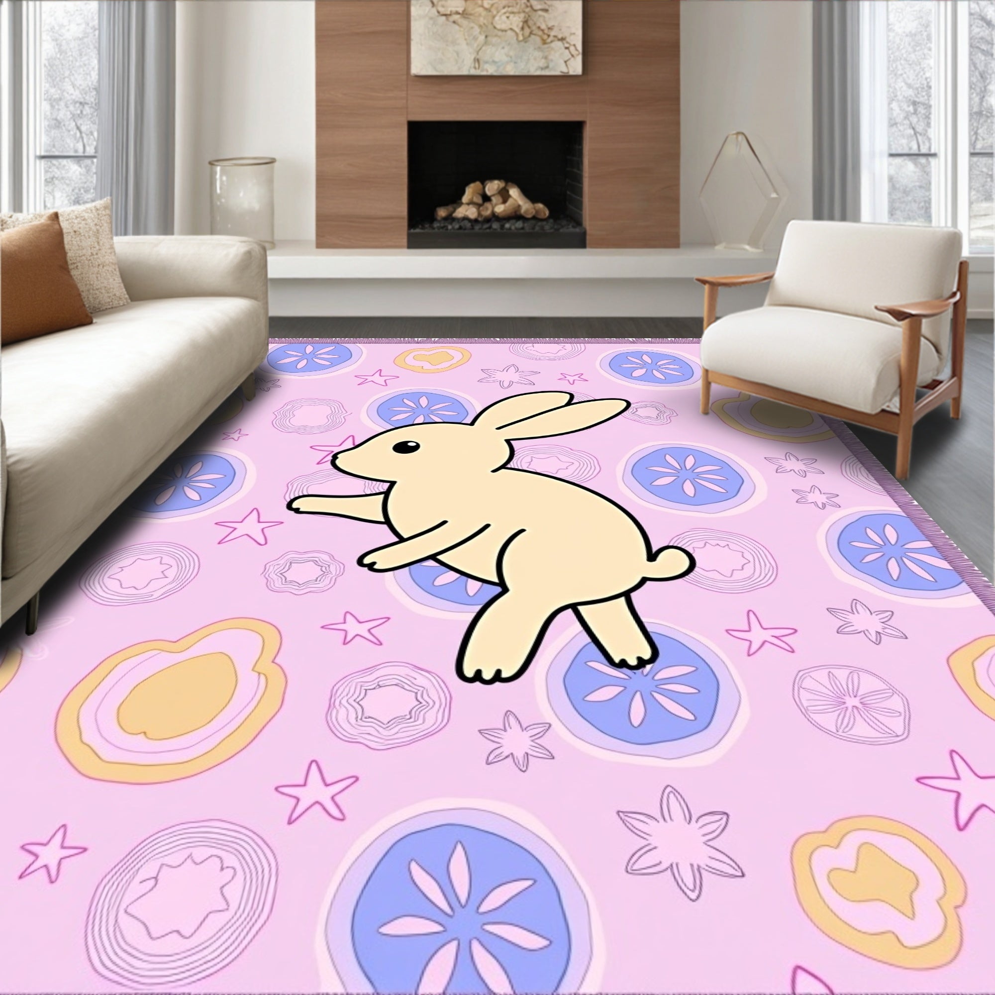 Whimsical Tan Bunny Round Shapes Rug