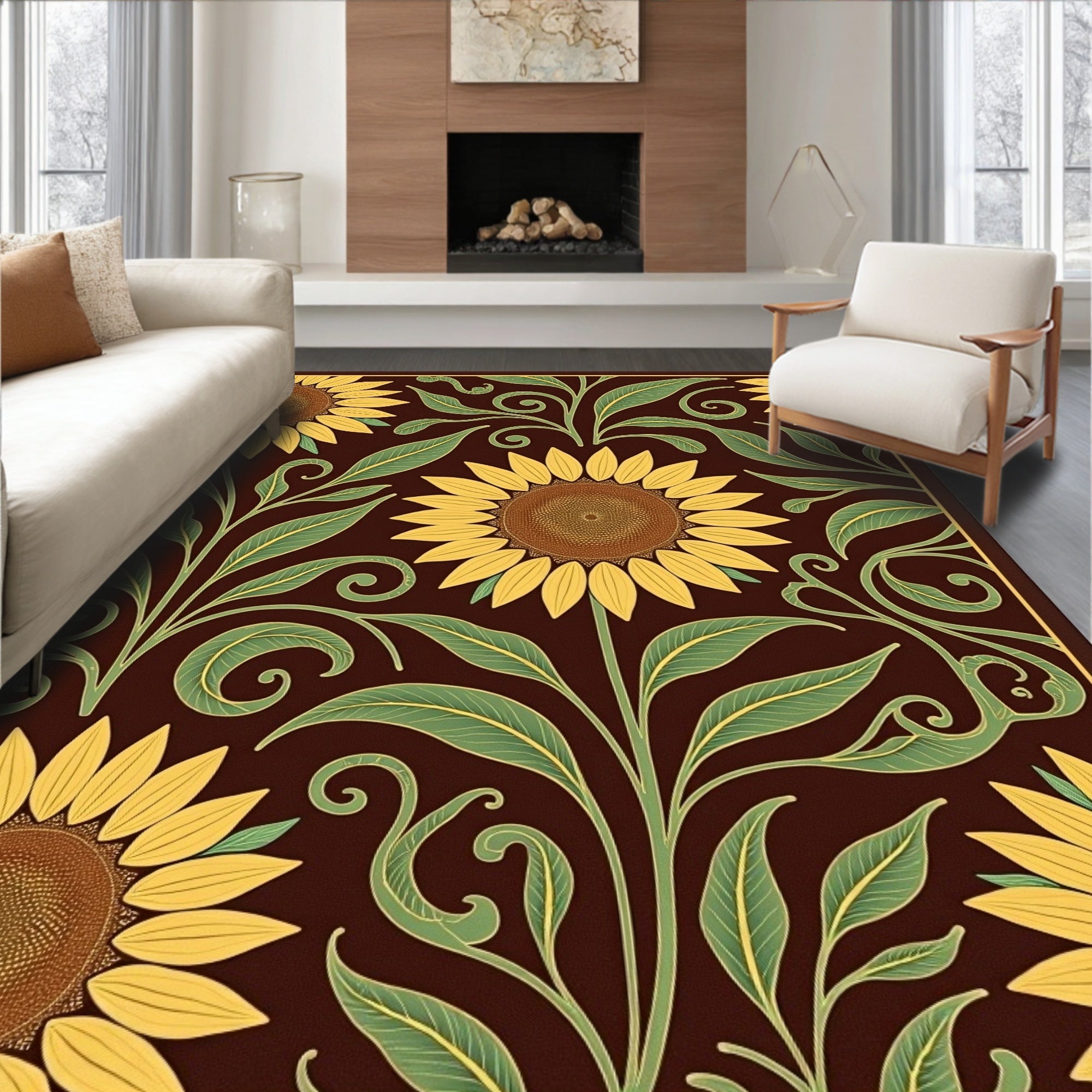 Yellow Sunflower Garden Brown Floral Rug