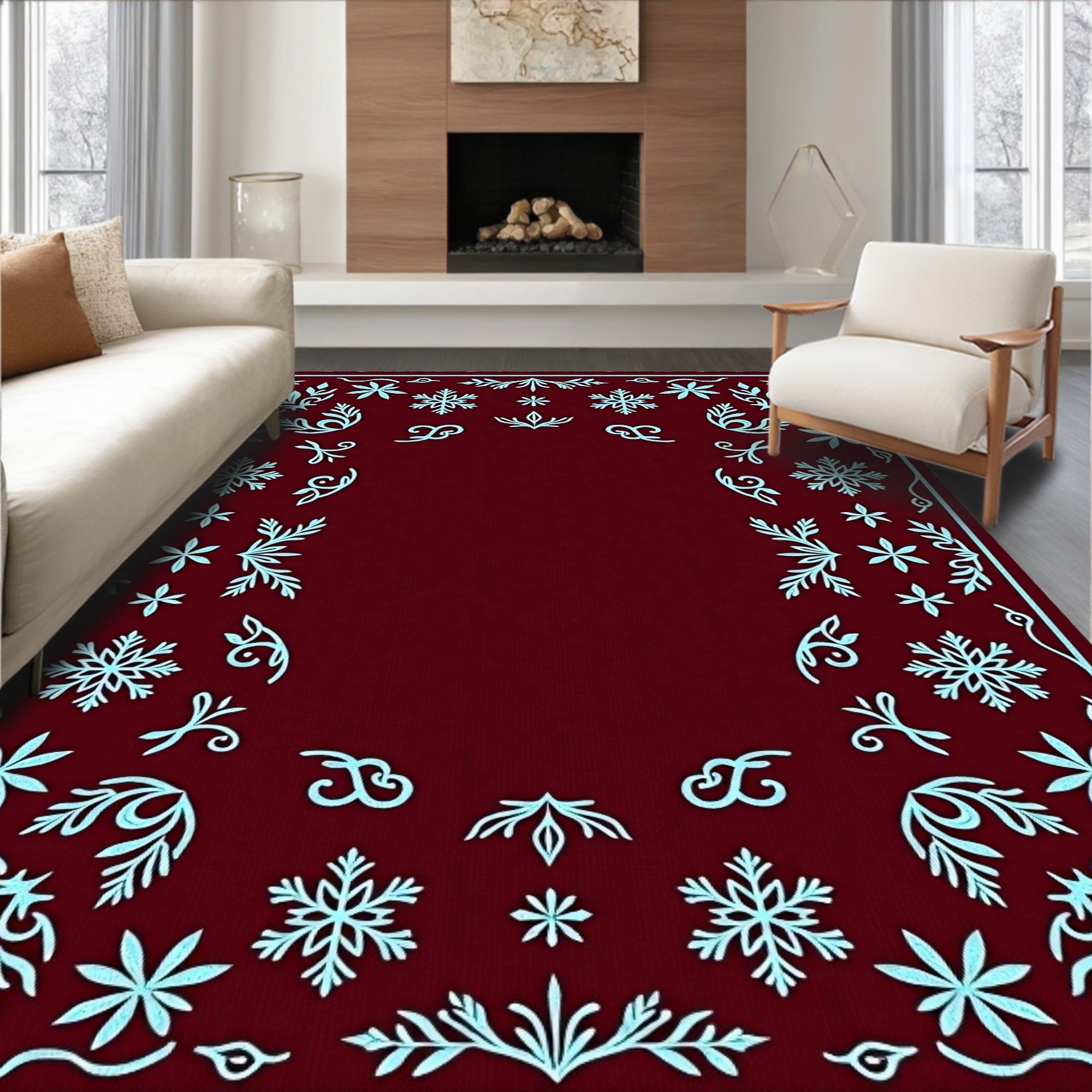 Crimson Snowflake Border Floral Accents Rug