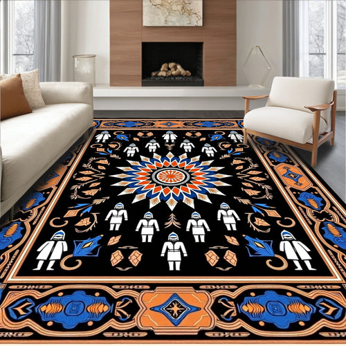 Black Orange Blue Folk Art Medallion Rug