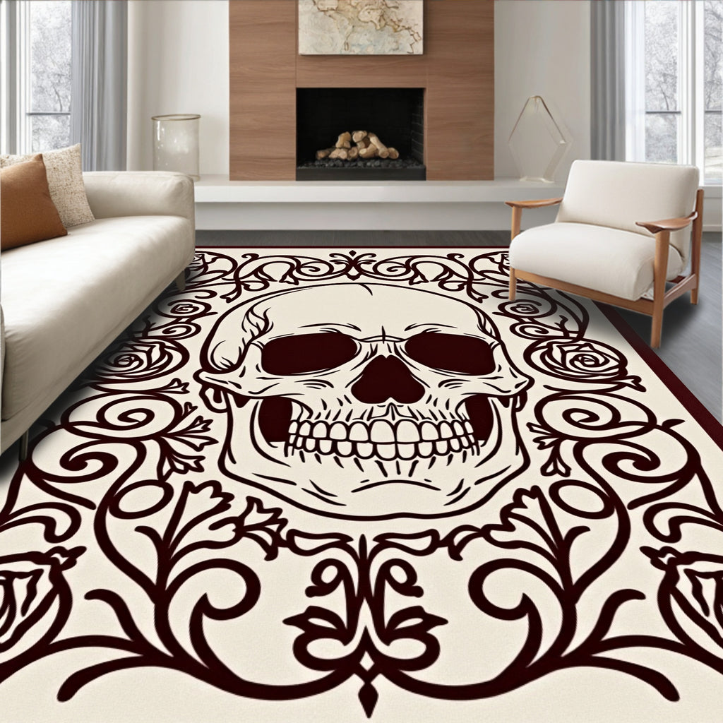 Dark Floral Skull Vintage Scroll Rug