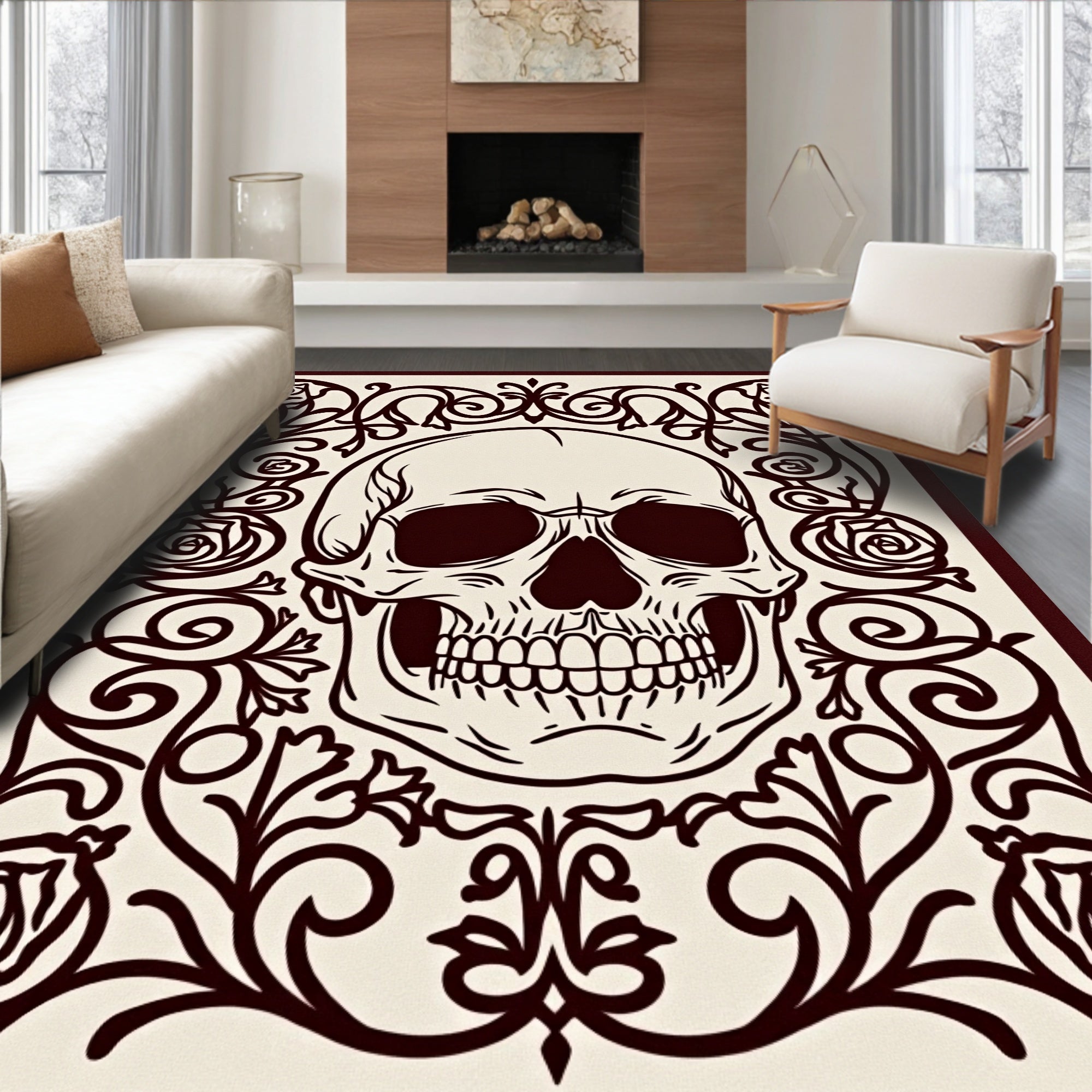 Dark Floral Skull Vintage Scroll Rug