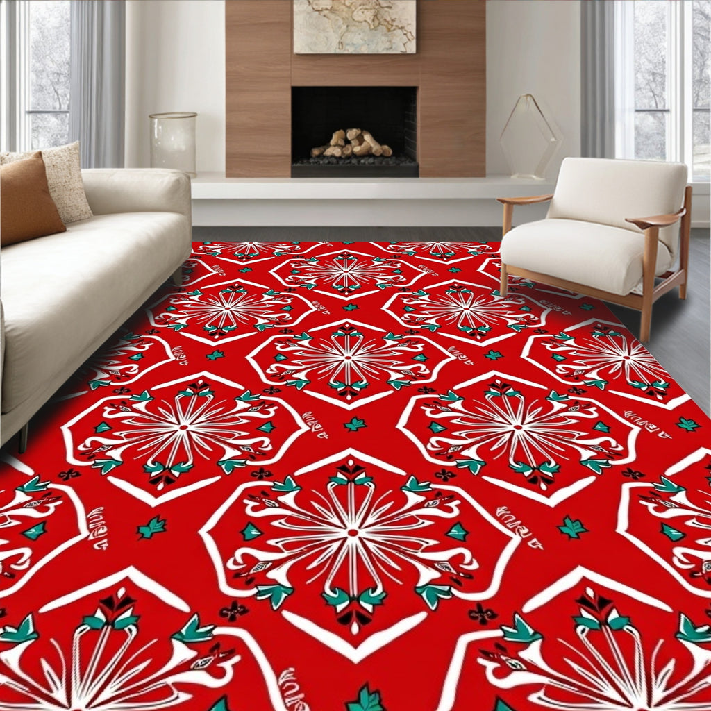 Red White Teal Starburst Medallion Rug