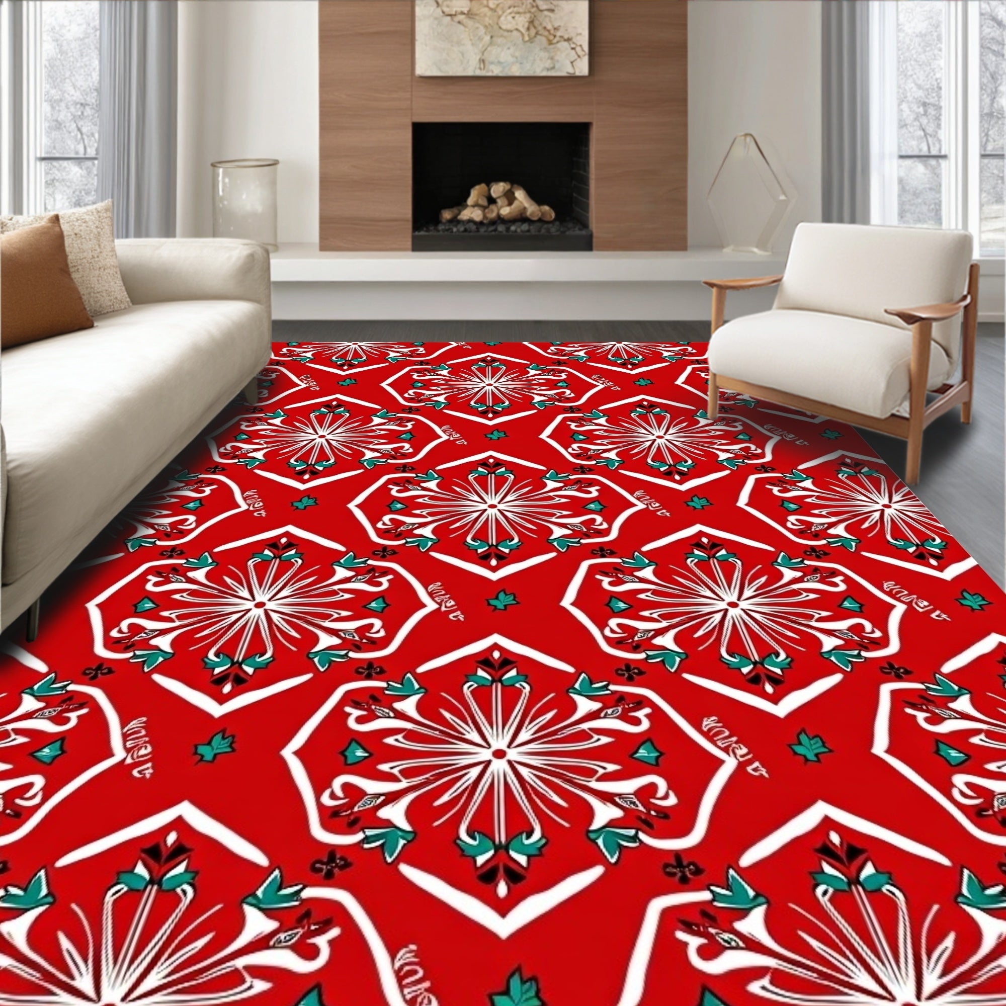 Red White Teal Starburst Medallion Rug