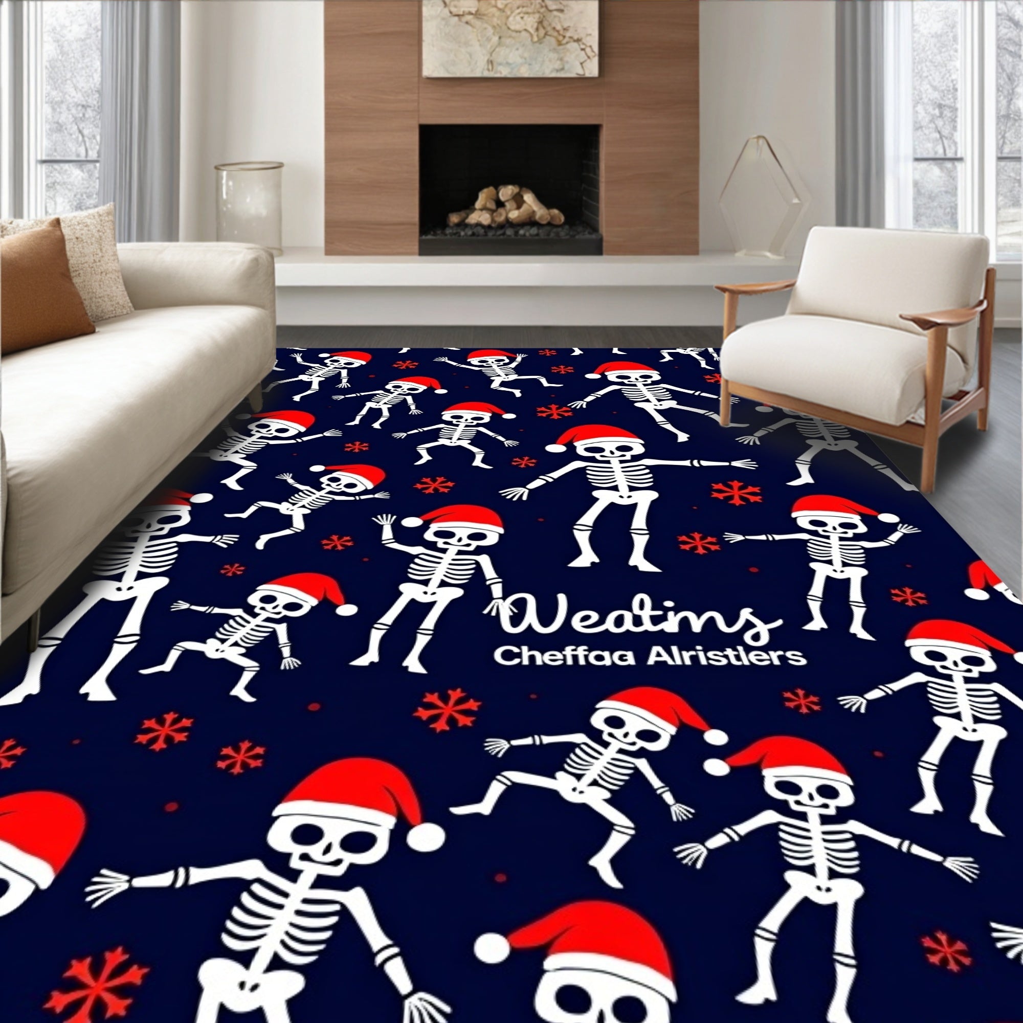 Festive Skeleton Navy Christmas Snowflakes Rug