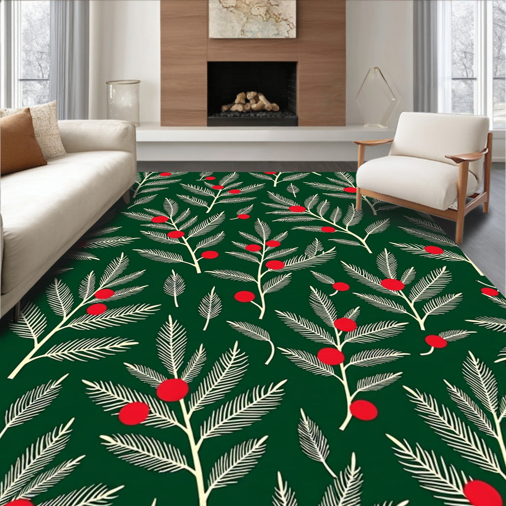 Festive Green Branch Red Berry Rug