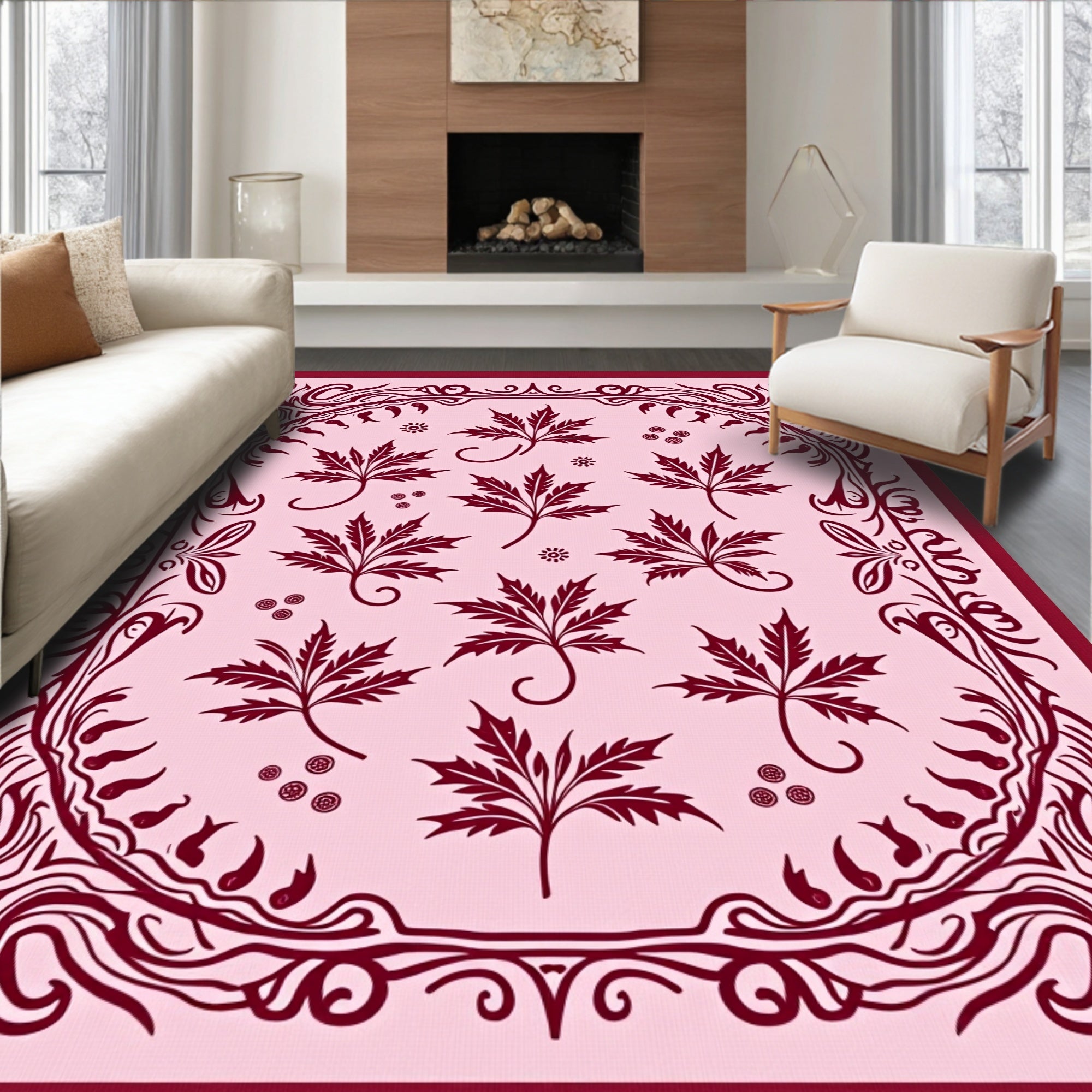 Crimson Maple Leaf Filigree Border Rug