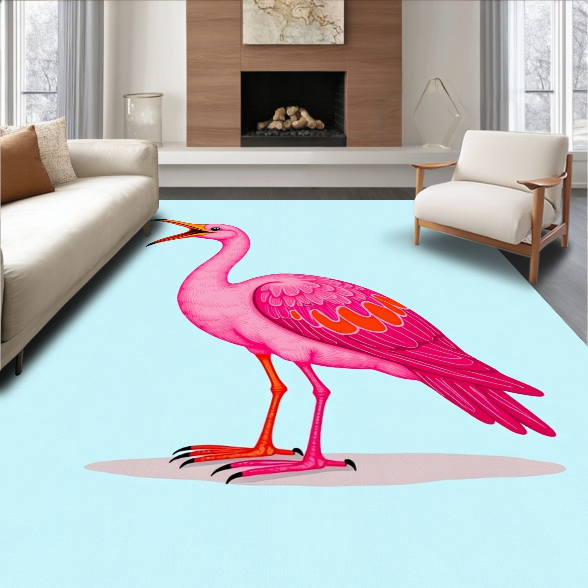 Radiant Pink Exotic Bird Illustration Rug