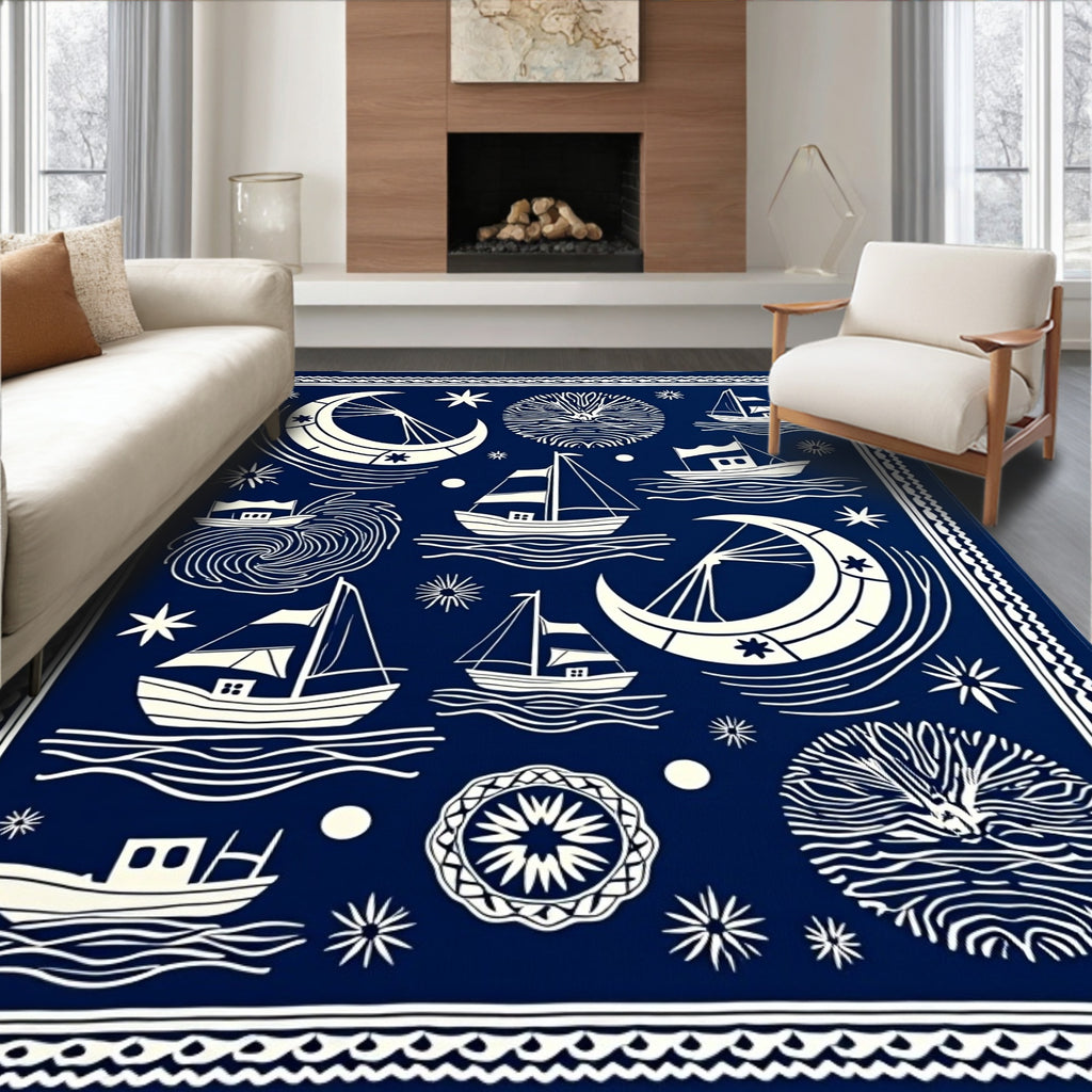 Navy Ivory Nautical Sailing Crescent Moon Rug