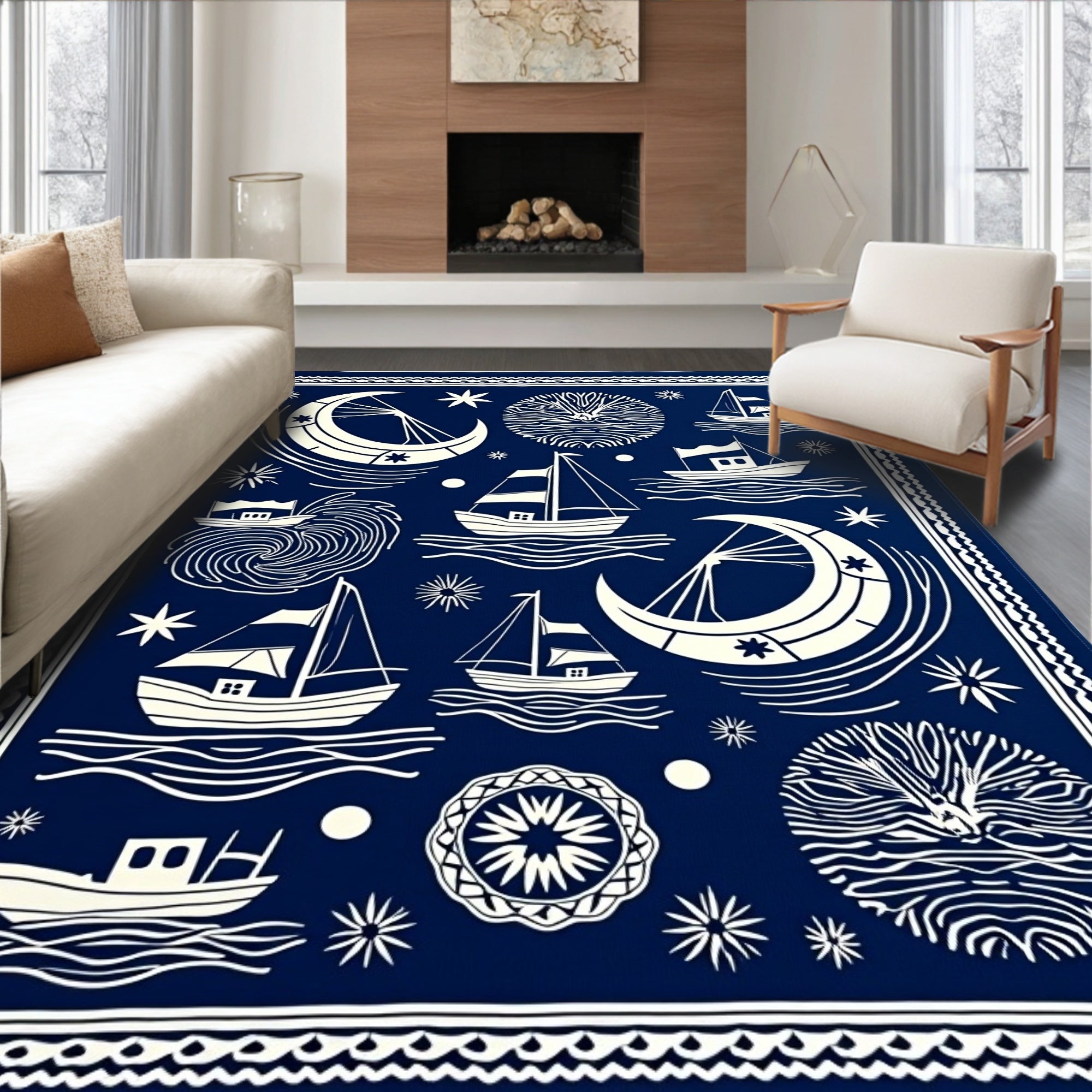 Navy Ivory Nautical Sailing Crescent Moon Rug