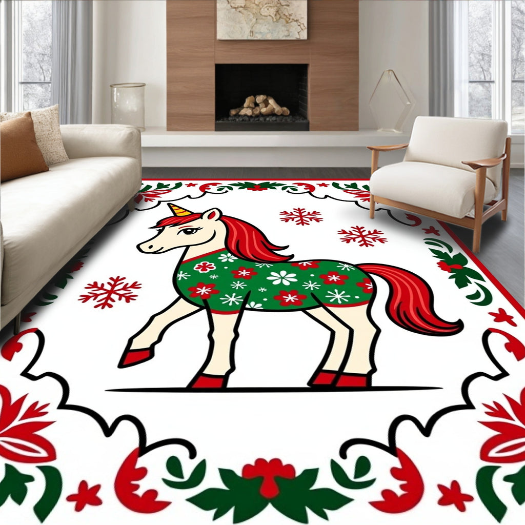 Festive Unicorn Christmas Snowflake Border Rug