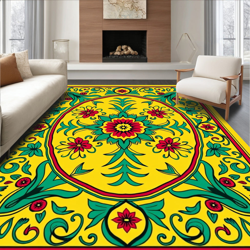 Vibrant Yellow Floral Medallion Accent Rug