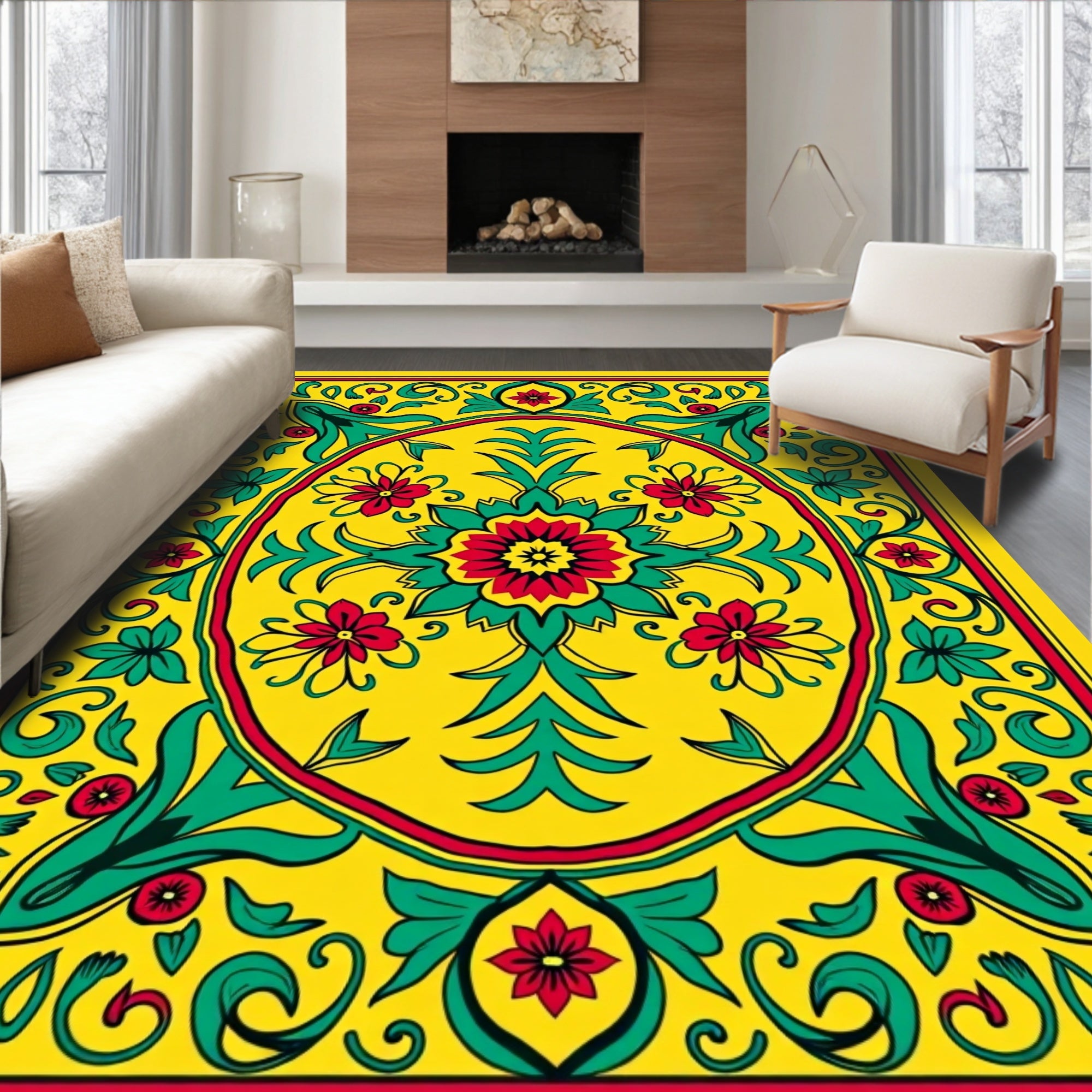 Vibrant Yellow Floral Medallion Accent Rug