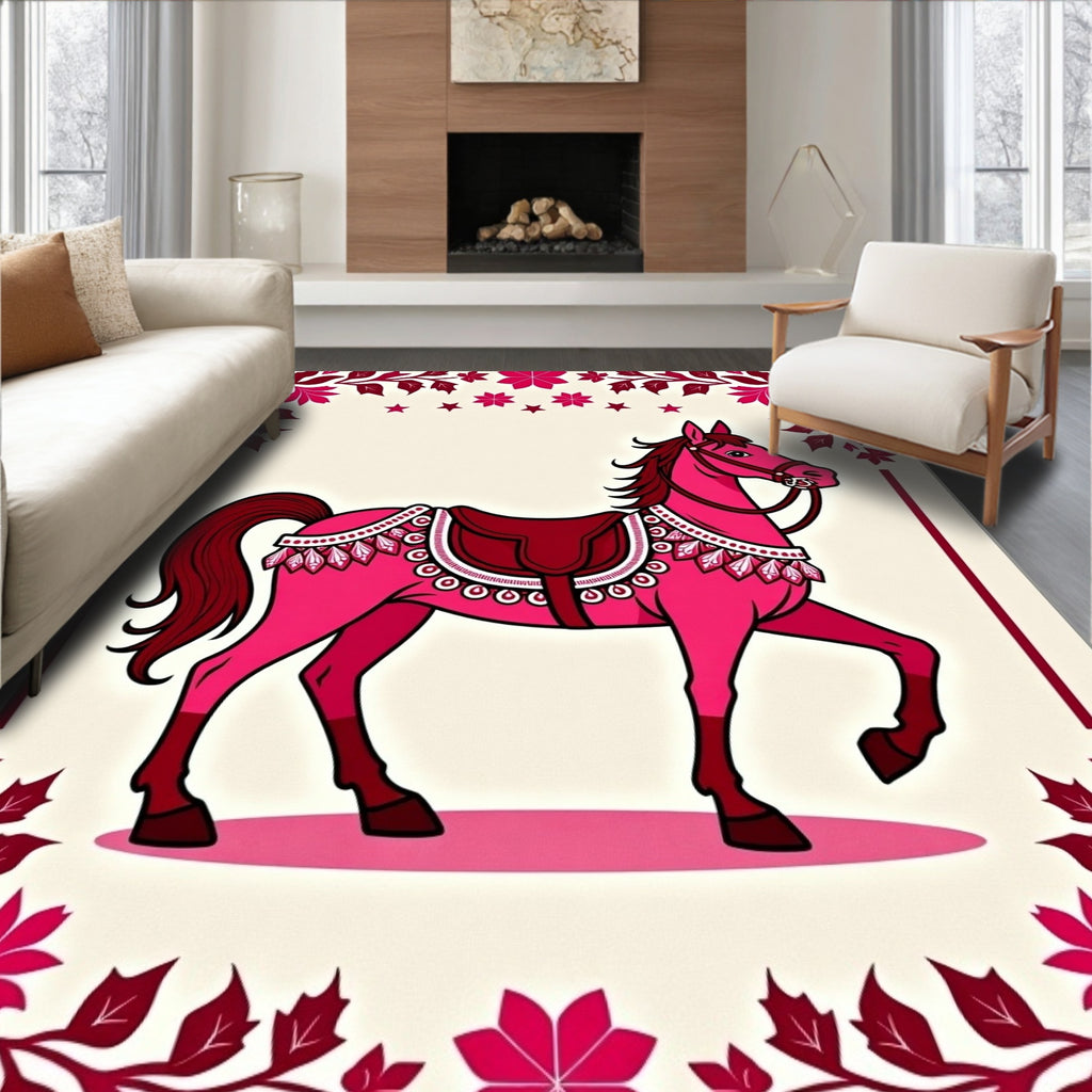 Pink Carousel Horse Floral Border Rug