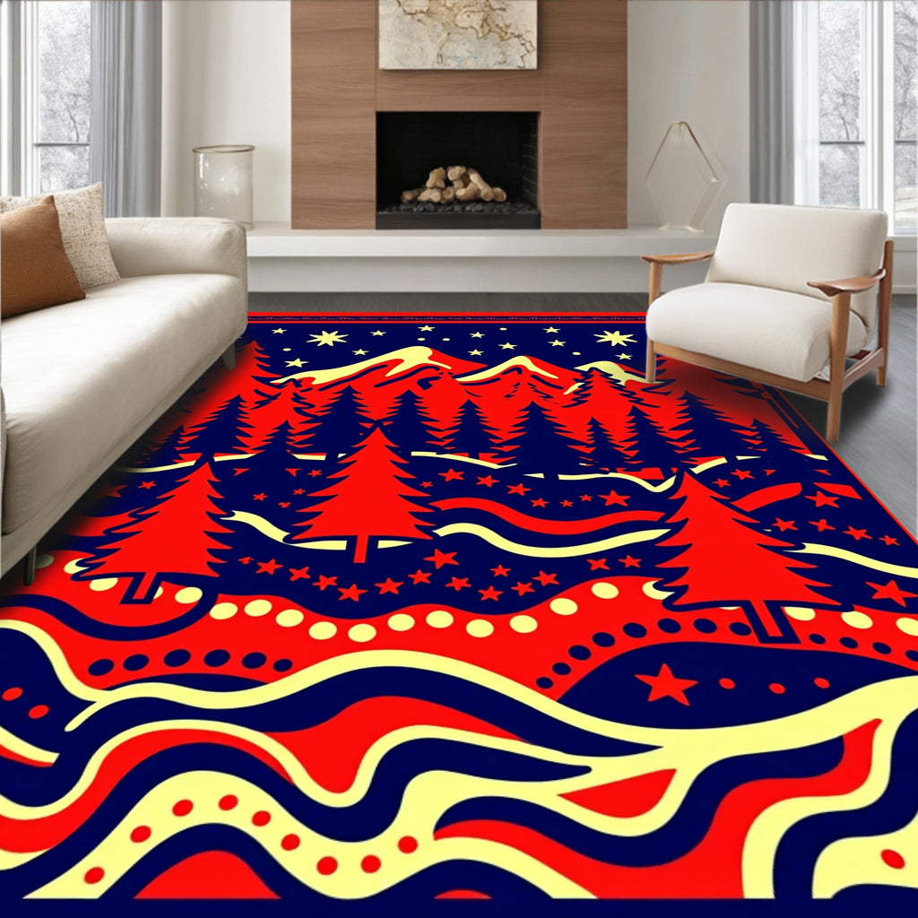Bold Red Forest Night Mountains Rug