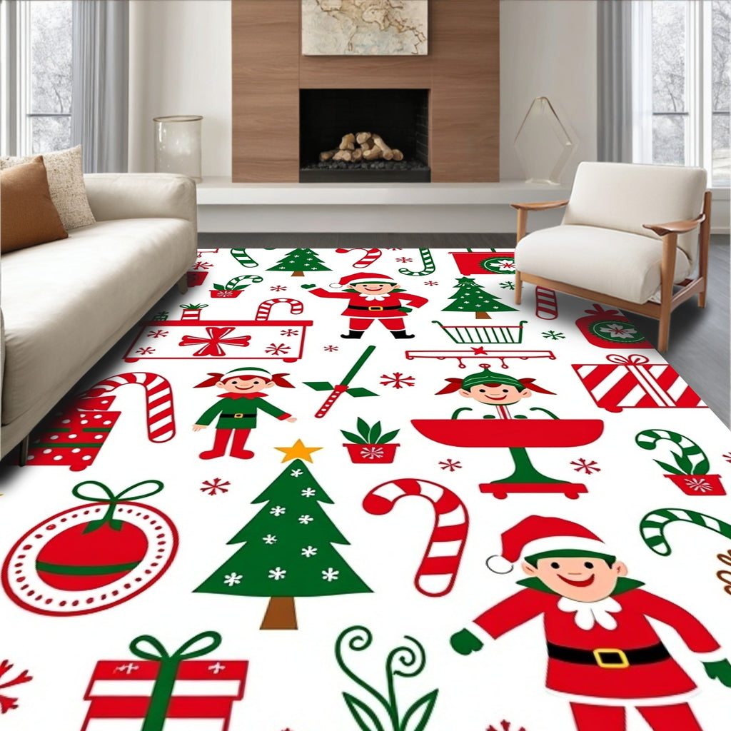Festive Christmas Elves and Candy Canes Rug