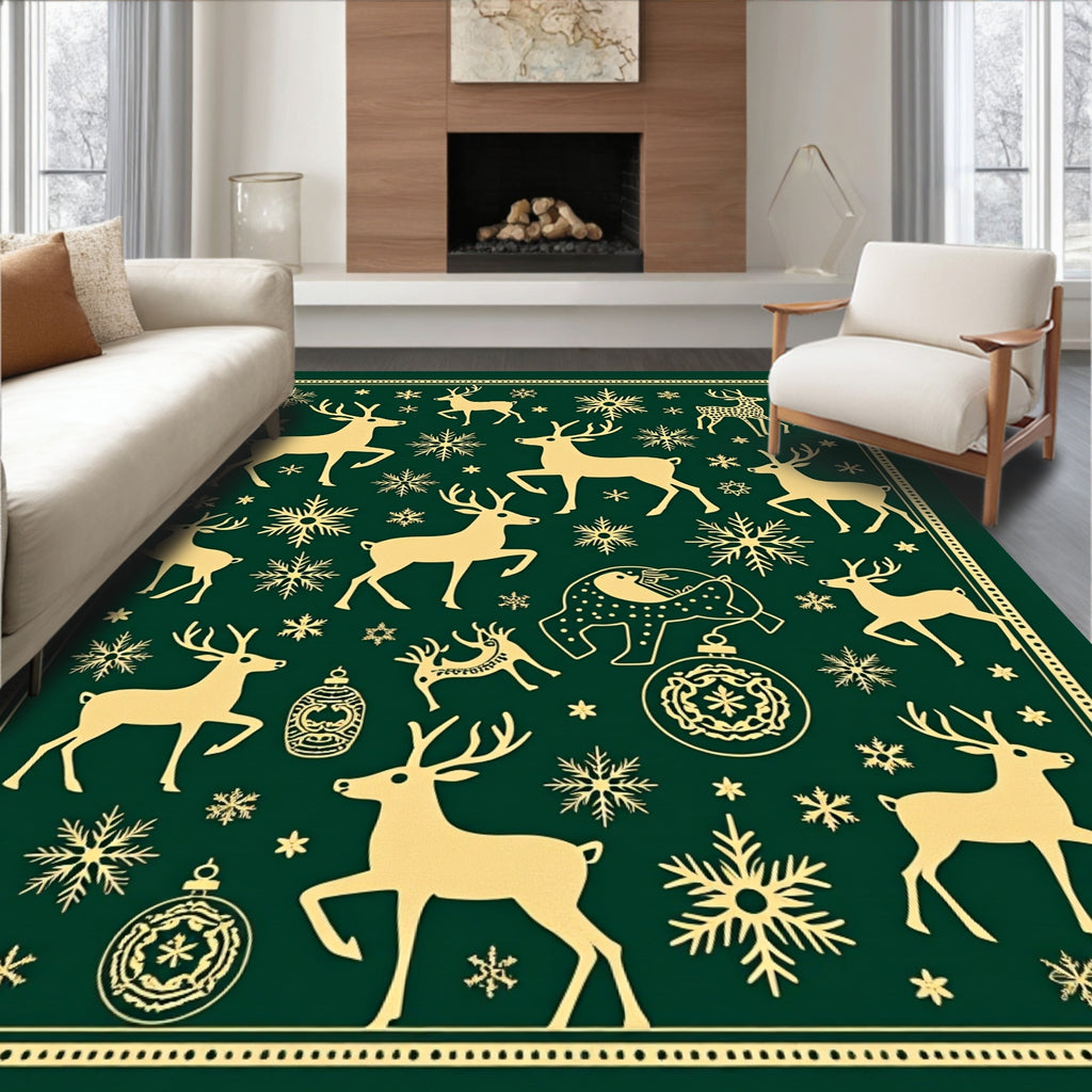 Golden Deer Snowflakes Festive Ornament Rug