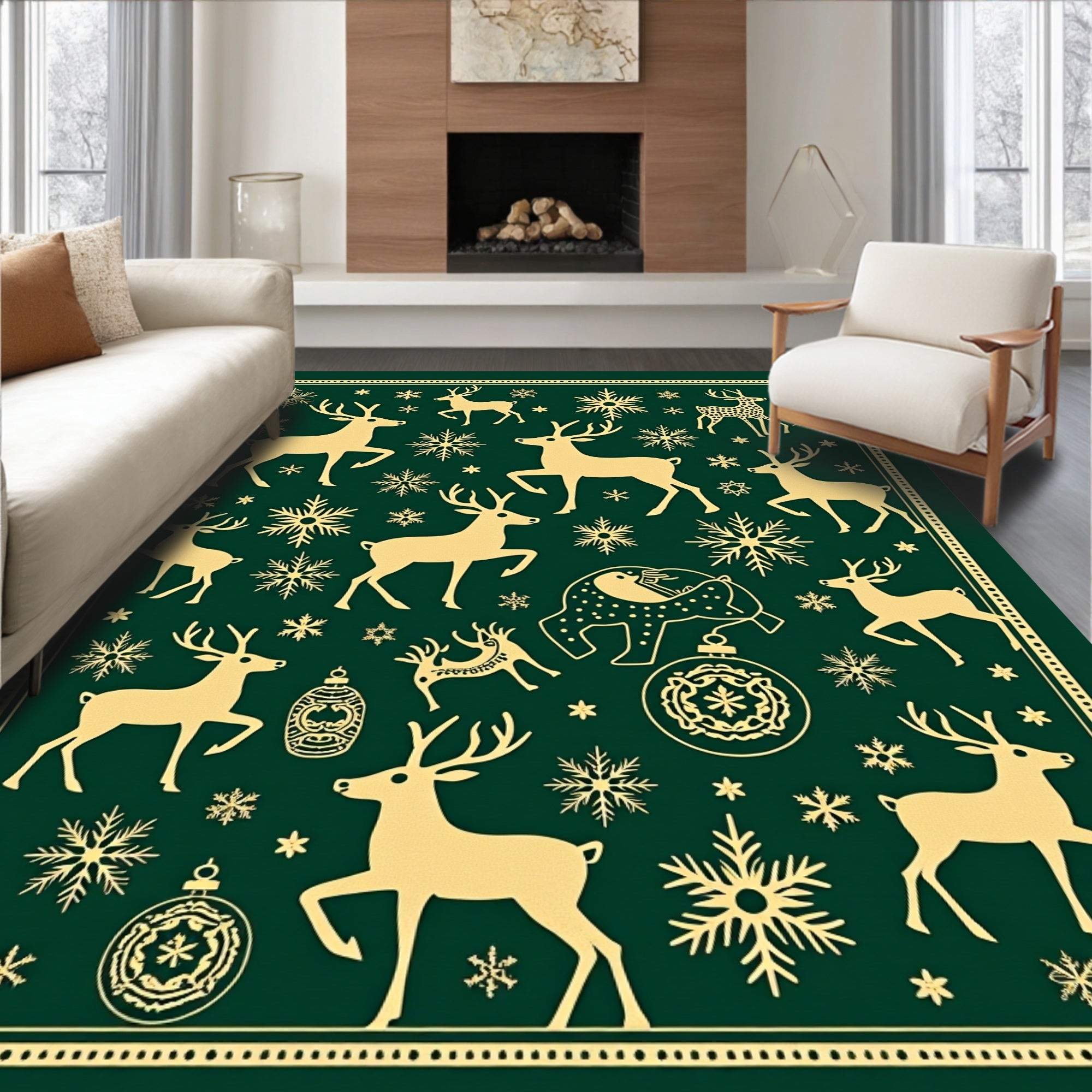 Golden Deer Snowflakes Festive Ornament Rug
