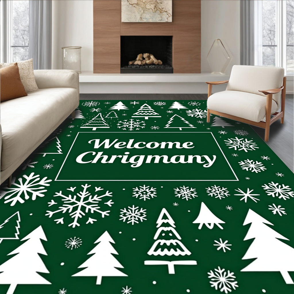 White Winter Holiday Trees Snowflake Rug
