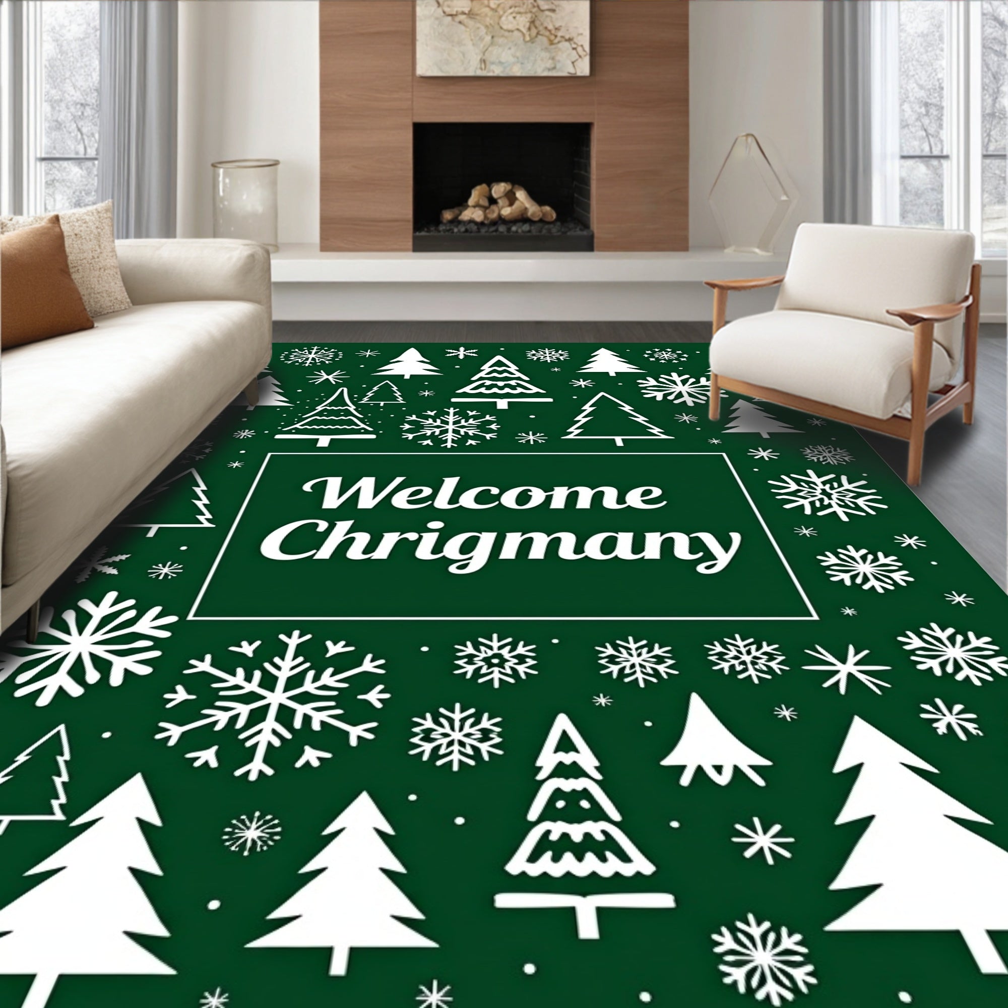White Winter Holiday Trees Snowflake Rug