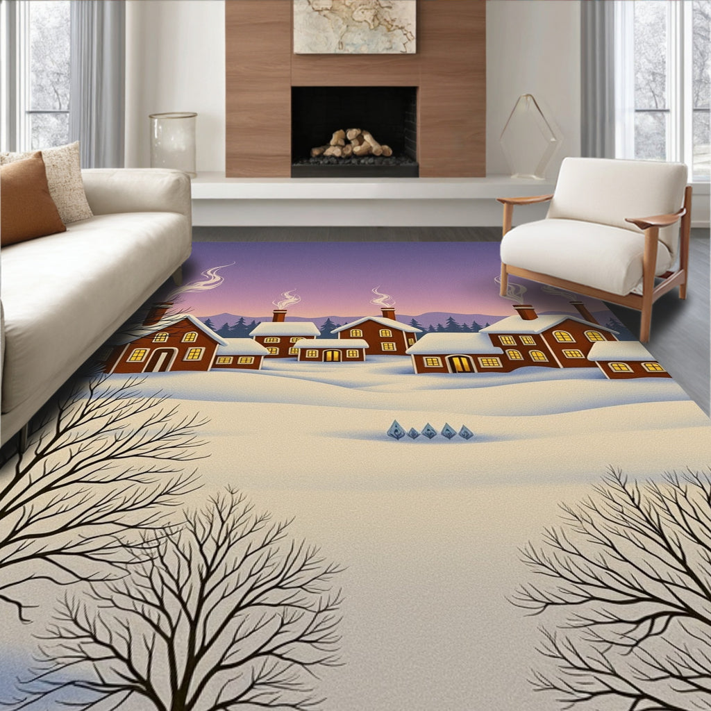 Cozy Winter Village Smoke Sky Scene Rug