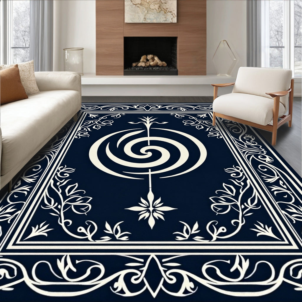 Navy Ivory Ornate Floral Scroll Rug