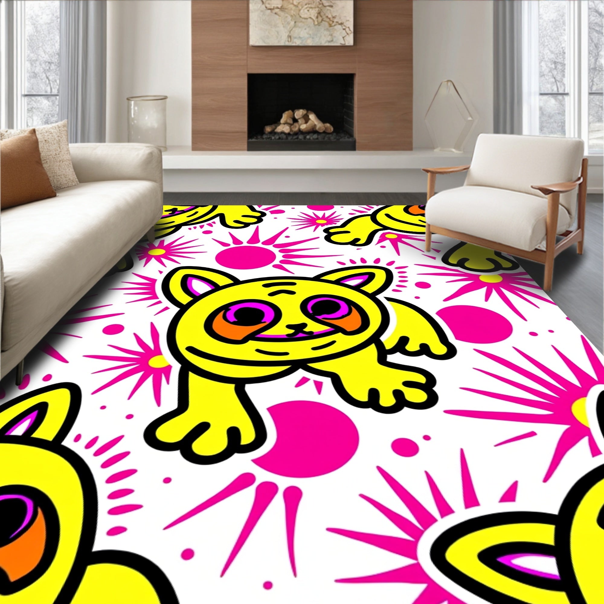 Vibrant Yellow Happy Cat Sunburst Rug
