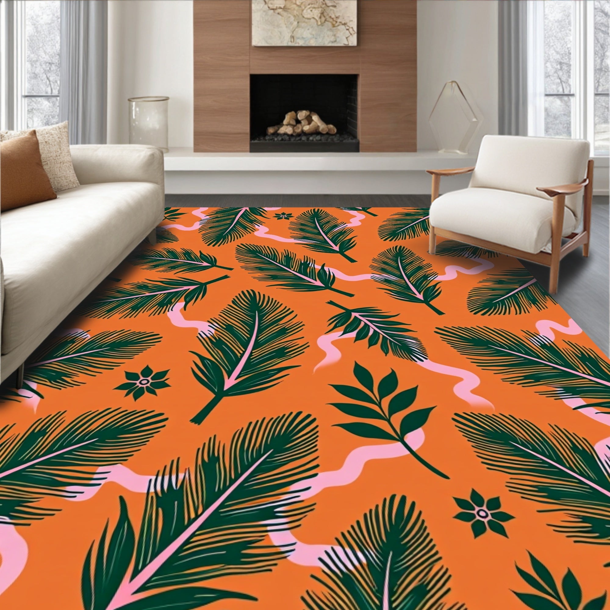 Emerald Feather Swirl Orange Background Rug