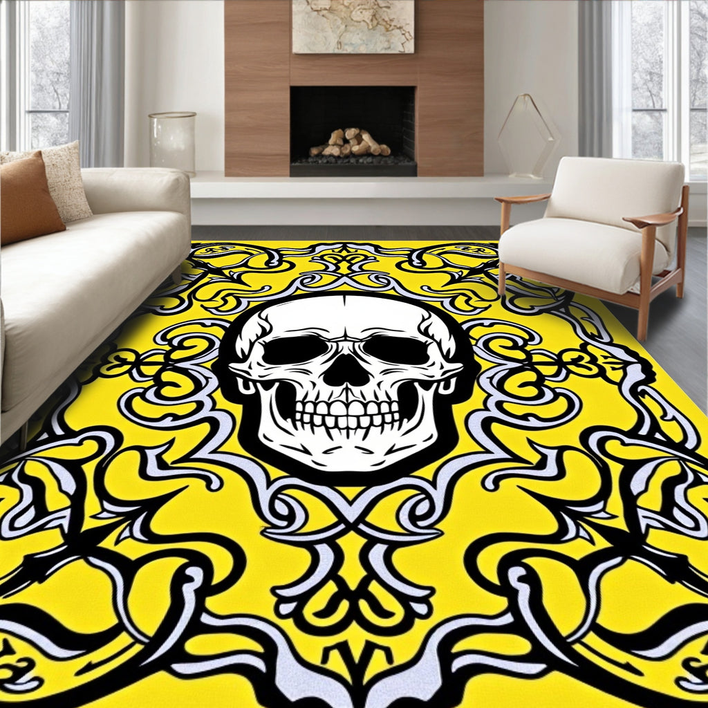 Bold Yellow Skull Floral Crest Rug
