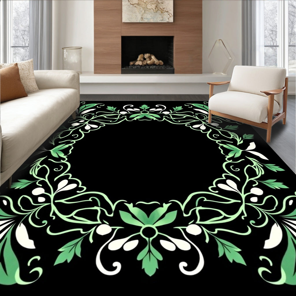 Vintage Green Floral Wreath Border Rug