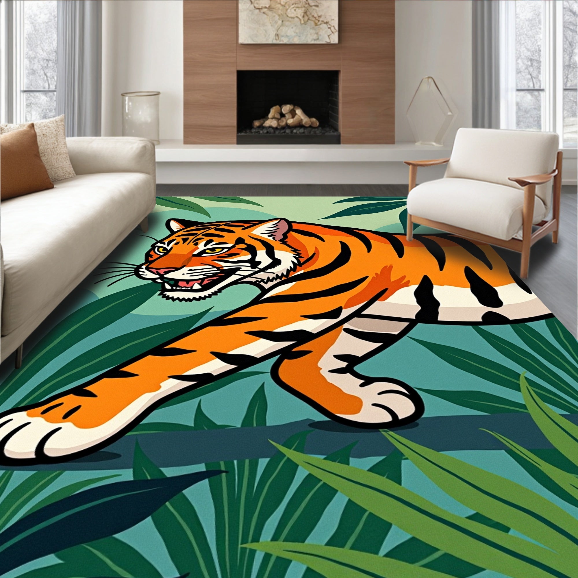 Vibrant Orange Tiger Tropical Jungle Rug