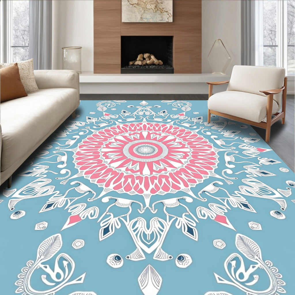 Pink White Blue Mandala Circle Rug