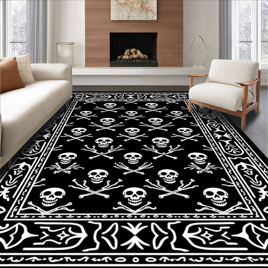 Black White Skull Crossbones Border Rug