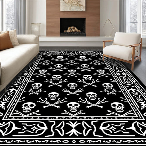 Black White Skull Crossbones Border Rug